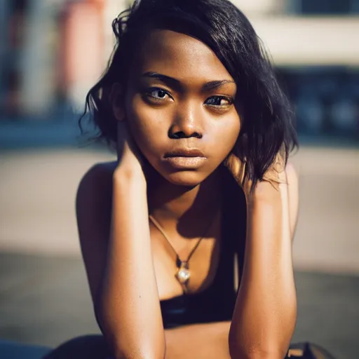 Prompt: portrait face of a beautiful gorgeous black edgy model girl with short hair, bikini, she's sad, sunset, street of hong kong, 8 0 mm lens, 1. 2 aperture, grainy image, close up, cinematic light, 8 k, 4 k, very detailed, depressing atmosphere, cover magazine