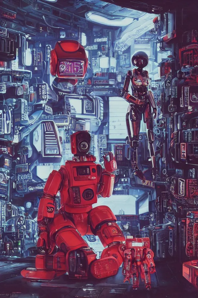 Prompt: CHAPPIE robot In A Red Adidas Track Suit In Neo Tokyo with Die Antwoord and Aphex Twin DJing in the Background , full figure, stormy weather, extremely detailed masterpiece, low-key neon lighting, artstation, 2001: A Space Odyssey, Roger Deakin’s cinematography, by J. C. Leyendecker and Peter Paul Rubens and Edward Hopper and Michael Sowa