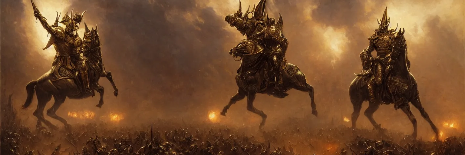 Prompt: sauron in a golden armor in a battlefield, dark foggy background, painting by gaston bussiere, j. c leyendecker, gustave dore, extremely realistic and highly detailed 8 k, sharp focus, mysterious atmospheric lighting, octane render, dramatic volumetric lighting, golden ratio, extremely realistic faces