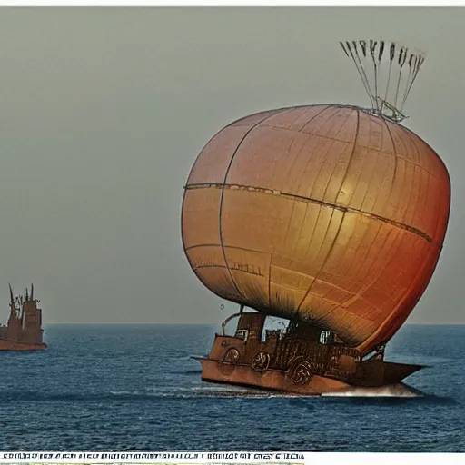 Image similar to Colour photo of steampunk airship flying across the Atlantic Ocean