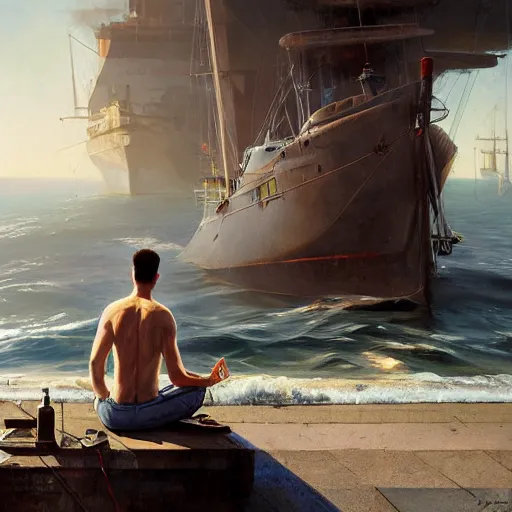 Image similar to patrick maritime meditates, hyperrealism, no blur, 4 k resolution, ultra detailed, style of ron cobb, adolf hiremy - hirschl, ismail inceoglu, rene margitte