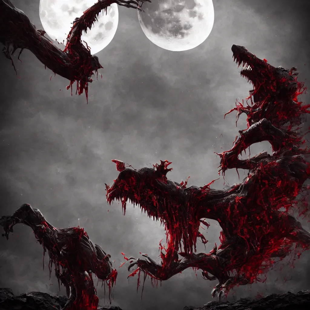 Image similar to bloody and menacing vampire opening its mouthx and baring its fangs under the moon with vapor in twilight, darkart, hyperdetailed, hyperealistic, cinematography, 8k,beautiful,Artstation, beautiful