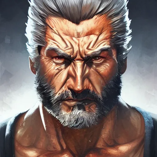 Image similar to portrait of old man logan, wolverine, intricate, elegant, highly detailed, centered, grungy, digital painting, artstation, concept art, smooth, sharp focus, boris vallejo