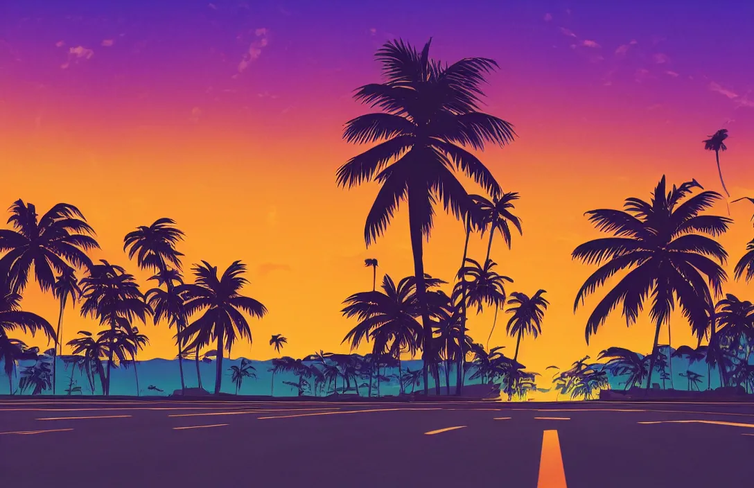 Image similar to a vaporwave landscape with palm trees at the sides of an highway, the sun setting in the background, orange and purple tones, high definition, 8 k, lo - fi, aesthetic