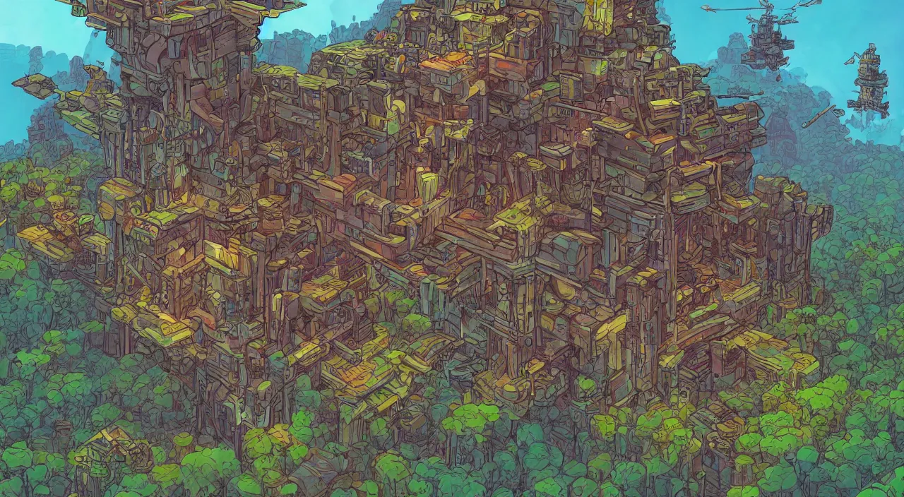 Image similar to open door wood wall fortress airship greeble block amazon jungle on portal unknow world ambiant fornite colorful that looks like it is from borderlands and by feng zhu and loish and laurie greasley, victo ngai, andreas rocha, john harris