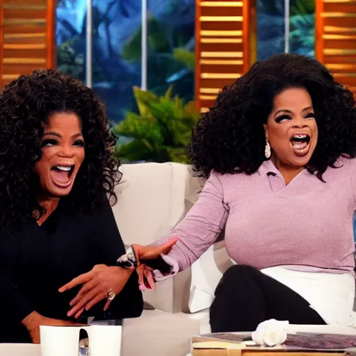 Image similar to michael jackson and oprah screaming at each other in the oprah show