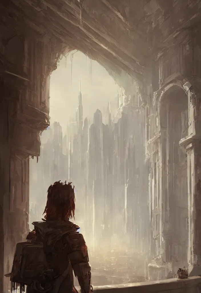 Image similar to an environmental concept art of arcane, interior, character standing with back to camera looking out window looking out at a beautiful city, highly detailed, environmental light, cinematic by francis tneh