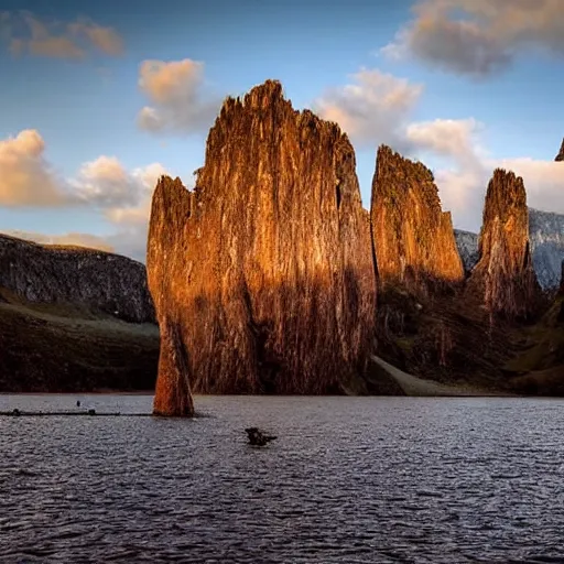 Prompt: a beautiful landscape with a lake and a big monolith, sheep grazing, fractal rock formations, cinematic light, late afternoon, long shadows,