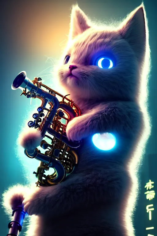 Image similar to high quality 3 d render very cute fluffy cyborg! cat plays saxophone, cyberpunk highly detailed, unreal engine cinematic smooth, in the style of blade runner & detective pikachu, hannah yata charlie immer, moody light, low angle, uhd 8 k, sharp focus