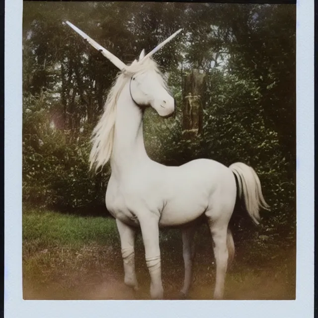 Image similar to mythical unicorn, vintage polaroid