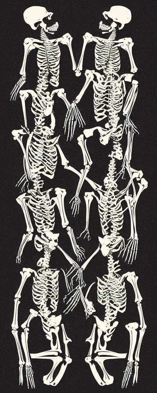 Image similar to illustration of a skeleton fight, two animal skeletons on black, silk screen t-shirt design 4K