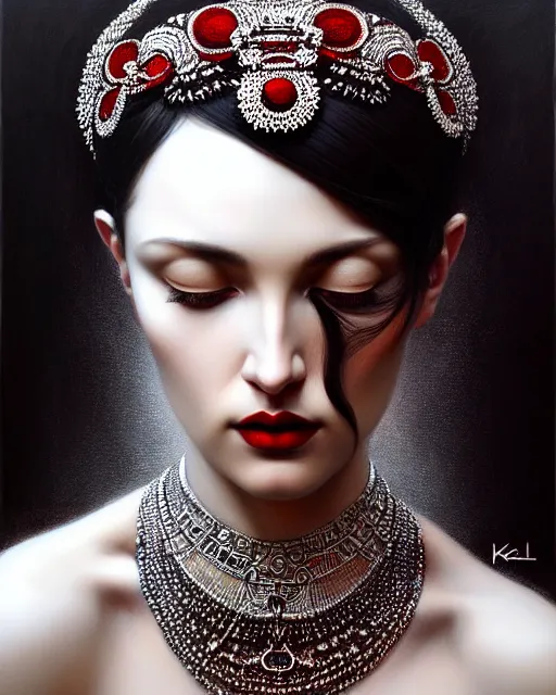 Image similar to portrait of a beautiful goddess, enigmatic beauty, dominant shades of black, silver, dark red, white, head in focus, ornamental aesthetics, intricate, elegant, highly detailed, hyperrealistiic painting, artstation, concept art, painterly, sharp focus, illustration, art by karol bak