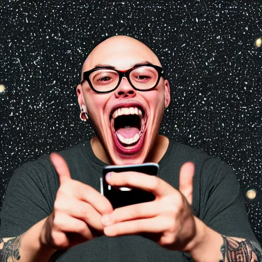 Prompt: Anthony Fantano taking a selfie of himself screaming at the Dark Side of the Moon album cover, 8k resolution, realistic, HD Quality, digital art, trending on artstation