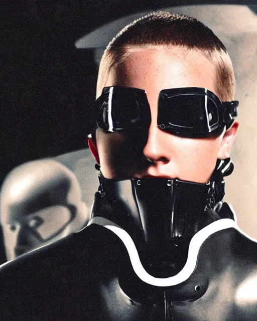 Prompt: young eminem wearing a futuristic mechanical mask with amber eye reflective lenses, and black leather body armor.