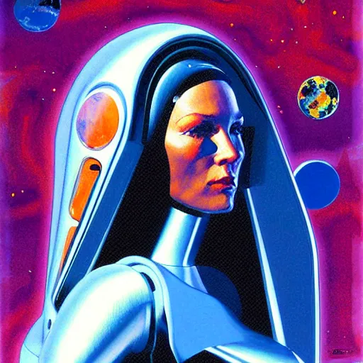 Prompt: futurist cyborg duchess, perfect future, award winning art by alan bean, sharp color palette