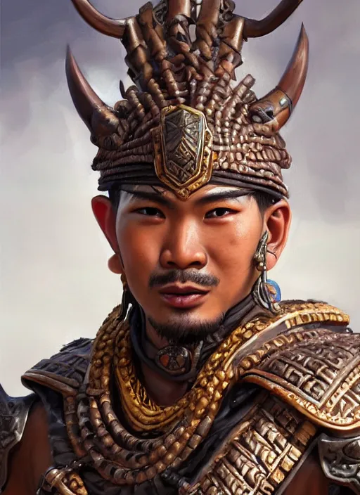 Image similar to smart tai warlord, closeup portrait, historical hero, ethnic group, sukhothai costume, bronze headset, intricate, with leather armor cross on bare chest, tai body tattoo, elegant, loin cloth, highly detailed, oil painting, artstation, concept art, matte, sharp focus, illustration, hearthstone, art by earl norem