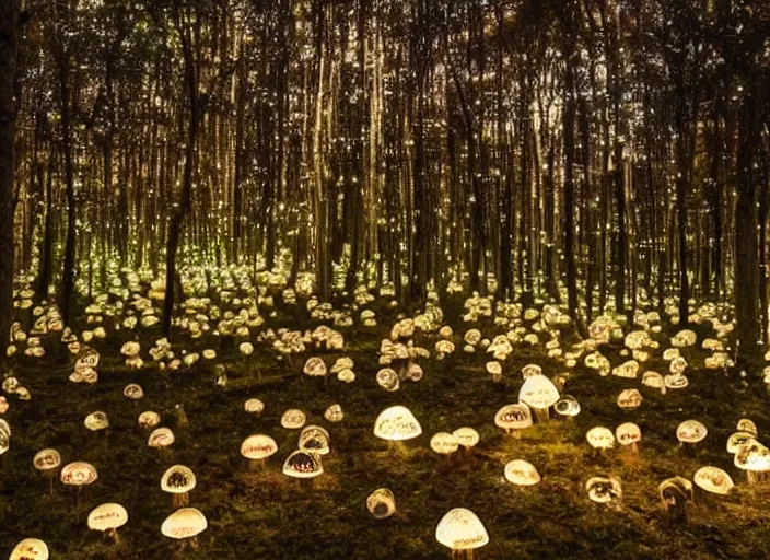 Prompt: a magical forest with crystal mushrooms that glow in the dusk,