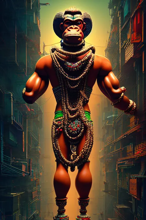 Image similar to high quality 3 d render post - rococo cyberpunk hanuman! head mumbai!, madhubani, highly detailed, morning, cinematic smooth unreal engine, lee madgwick & liam wong, dramatic light, long shot, low angle, uhd 8 k, sharp focus