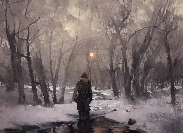 Image similar to watercolor winter landscape, glistering, high detailed art by dennis miller bunker, work by anders zorn, wonderful masterpiece by greg rutkowski, beautiful cinematic light, american romanticism by greg manchess, creation by tyler edlin