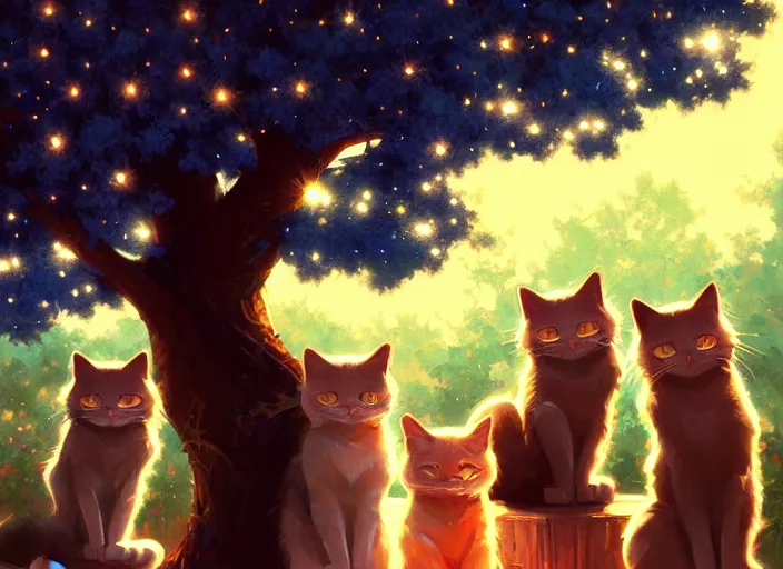 Prompt: multiple cats behind a beautiful tree full of falling perals, night setting with stars. realistic shaded lighting poster by ilya kuvshinov katsuhiro, magali villeneuve, artgerm, jeremy lipkin and michael garmash, rob rey and kentaro miura style, trending on art station