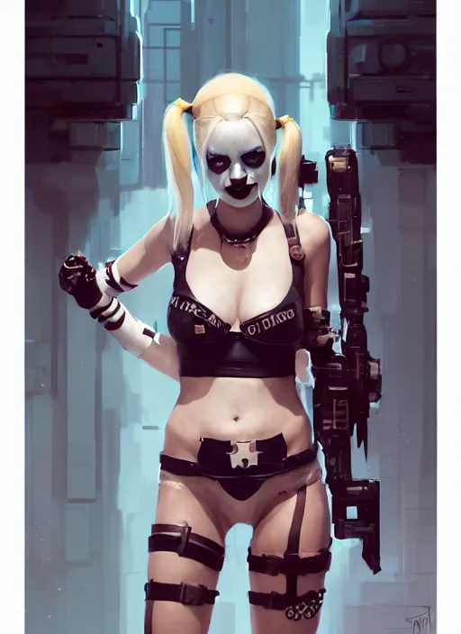 Image similar to portrait of cute harley quinn in cyber bikini armor, warhammer, cyberpunk, by atey ghailan, by greg rutkowski, by greg tocchini, by james gilleard, by joe fenton, by kaethe butcher, by gustav klimt, dynamic lighting, gradient light blue, brown, blonde cream and white color in scheme, grunge aesthetic