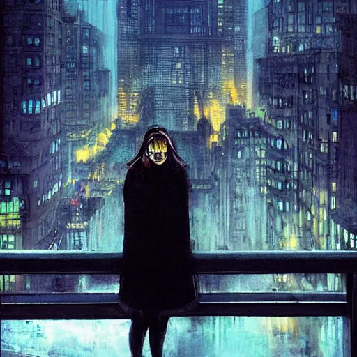 Image similar to “ a girl on a ledge overlooking futuristic new york city, ghostpunk, heavy rain, high detail, by moebius ”