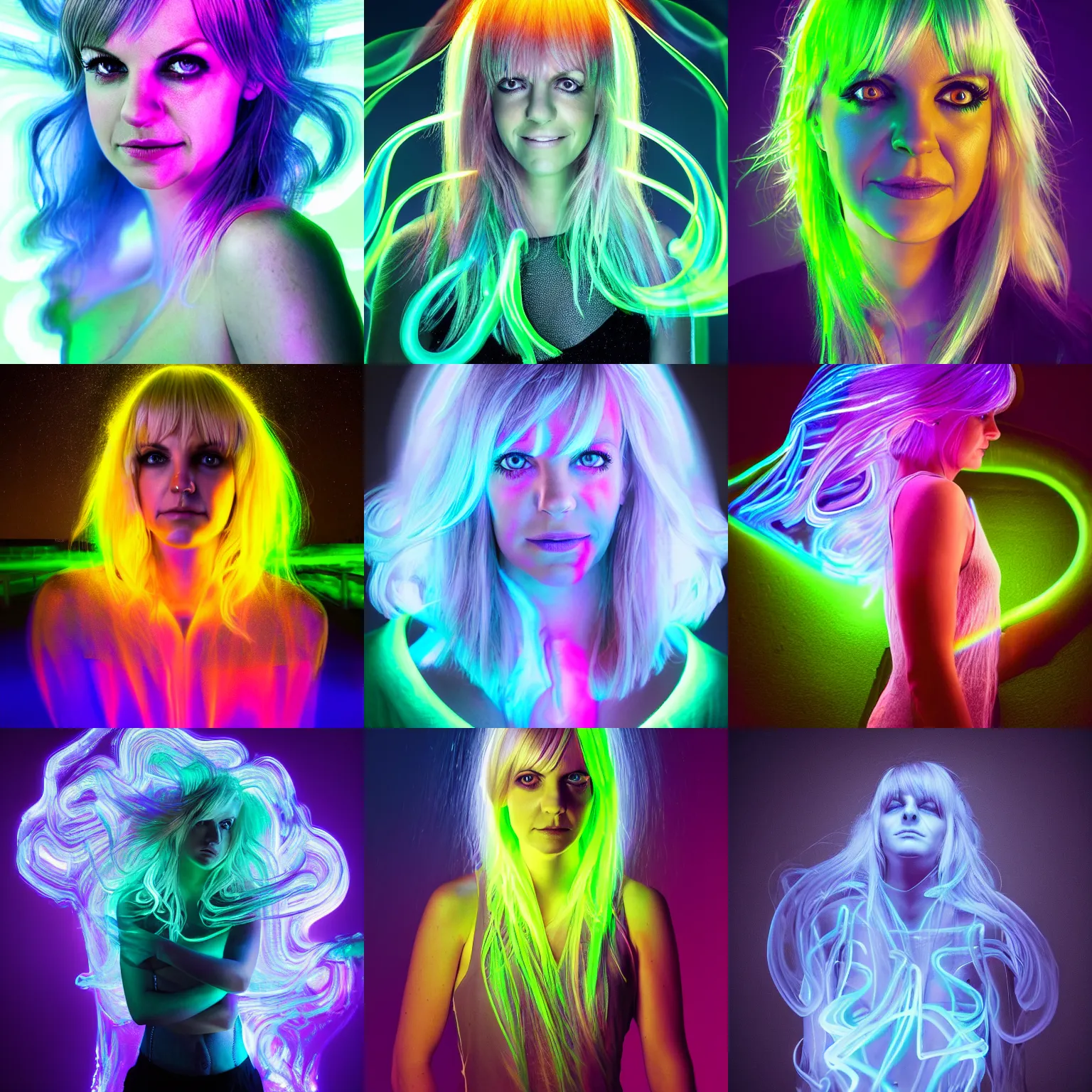 Prompt: anna faris long exposure lightpainting bioluminescent portrait, diffuse, volumetric flowing glowing neon hair, elegant light, highly detailed, lifelike, photorealistic, artstation, luminescent concept art, smooth, erik johansson