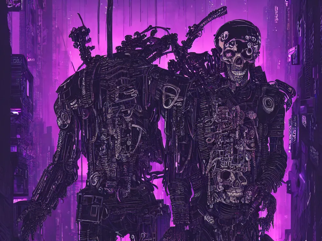 Image similar to high detailed dead android skull samurai in a cyberpunk rainy city at night by Josan Gonzalez, purple and blue neons, unreal engine, high quality, 4K, UHD, trending on ArtStation, wires, blade runner vibes, ghost in the shell, akira, dorohedoro