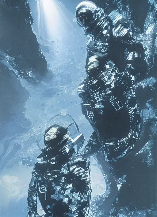 Image similar to astronauts selfie in dark void underwater - complex and hyperdetailed technical suit design. reflection and dispersion materials. rays and dispersion of light. volumetric light. f / 3 2. noise film photo. flash photography. ultra realistic, 5 0 mm. poster by wayne barlowe, hajime sorayama aaron horkey, craig mullins