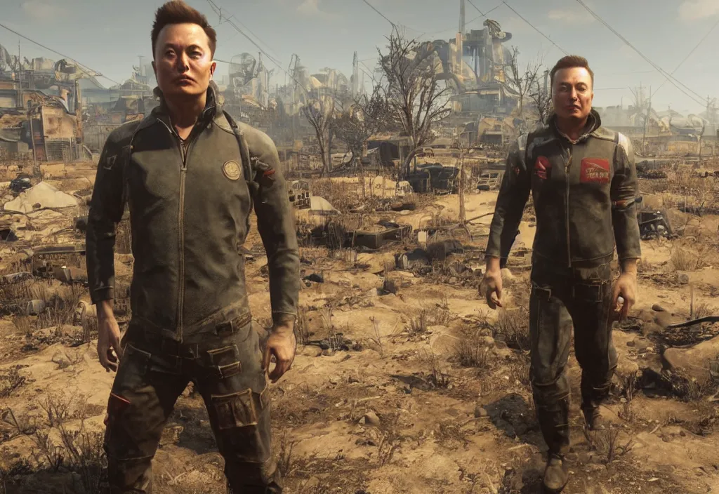 Image similar to elon musk in the video game in fallout 4, apocalyptic wastland, close up, 3 d rendering. unreal engine. amazing likeness. very detailed.