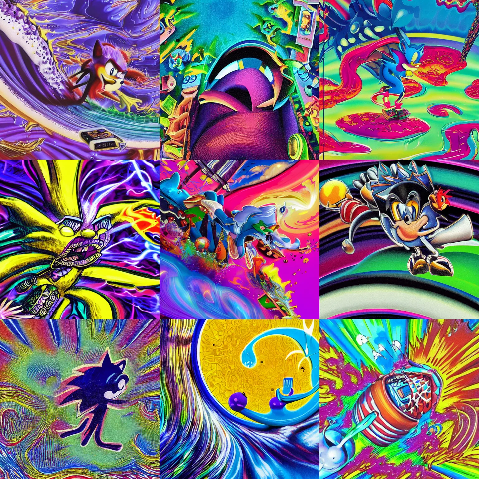 Prompt: closeup of surreal, sharp, detailed professional, high quality airbrush art MGMT album cover of a liquid dissolving LSD DMT sonic the hedgehog surfing through cyberspace, purple checkerboard background, 1990s 1992 Sega Genesis video game album cover