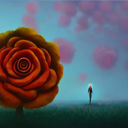 Image similar to closeup, giant rose flower head, frontal, girl in a suit, surreal photography, sunrise, dramatic light, impressionist painting, digital painting, artstation, simon stalenhag