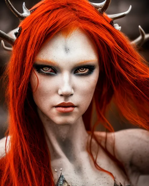 Image similar to 5 5 mm portrait photo of an armored redhead woman with antlers on her head, by luis royo. highly detailed 8 k. intricate. lifelike. soft light. nikon d 8 5 0. cinematic post - processing