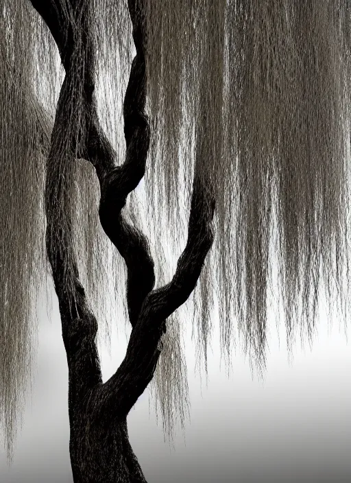 Image similar to nature photograph of a weeping willow with black bark and silver leaves sitting on a cliff in the distance in the style of stefan kostic, realistic, half body shot, sharp focus, 8 k high definition, insanely detailed, intricate, elegant, art by stanley lau and artgerm, luis royo, cloudy background