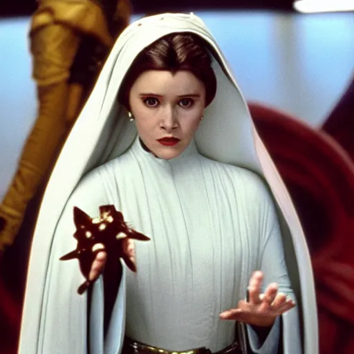 Image similar to princess amidala played by Carrie Fisher, movie still, cinematic,