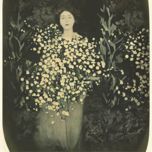 Image similar to portrait of a beautiful woman covered in flowers, Forest, ray gods, 1910 polaroid photography