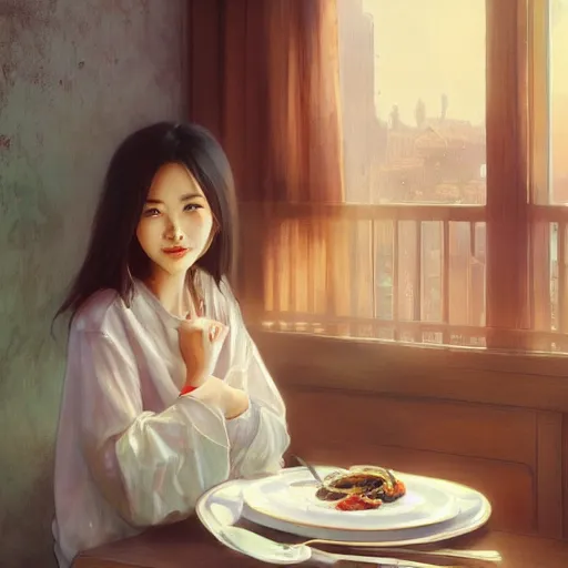 Image similar to a dinner date with the cute Asian girl next door, slice of life, modern, realistic, looking at the camera, happy! casual!! medium shot. highly detailed, digital painting, artstation, concept art, matte, sharp focus, illustration, art by Artgerm and Greg Rutkowski and Alphonse Mucha