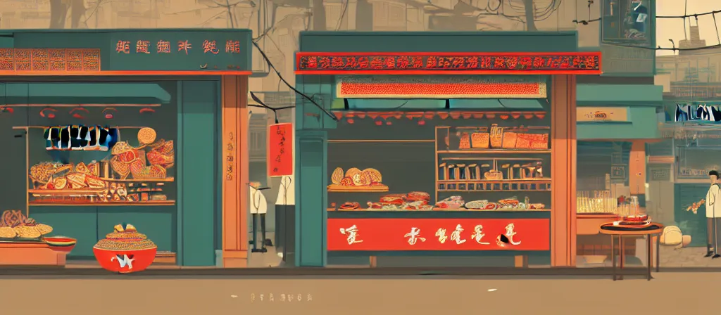 Prompt: a beautiful simple 4 k hd illustration of interior view display of the corner of street side roasted string hotpot small shop, simple style, from china, with merchant logo, simple structure, surrealistic, chinese style, victo ngai, james jean, denoise, deblurring
