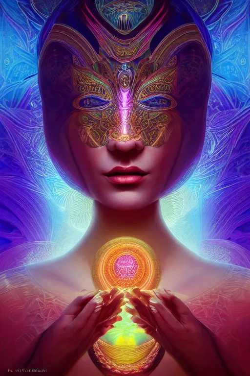 Image similar to a centered render of an alluring goddess wearing a psychedelic mask surrounded by a glorious sacred energy made from geometry and spiral mandel bulb fractals, powerful, cinematic, beautifully lit, by artgerm, by karol bak, 3 d, trending on artstation, octane render, 8 k