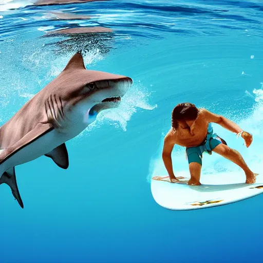 Image similar to a shark and a surfer hanging out in a swimming pool