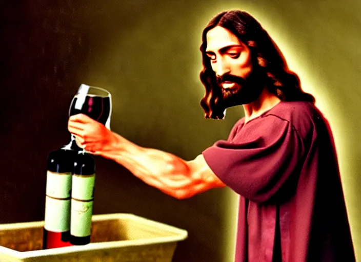 Prompt: Jesus Christ being caught making wine from water, candid photo, telephoto lens, from distance, magic trick