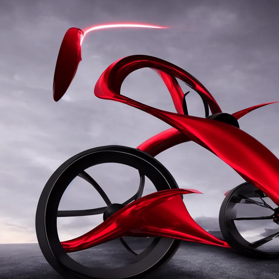 Prompt: a design of a futuristic monowheel, designed by pininfarina, northern lights background, brushed red bike paint, black rims, dark show room, dramatic lighting, hyper realistic render, depth of field