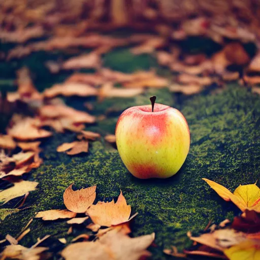 Prompt: An apple laying in the leaves in a forest, octane render, volumetric lighting, depth of field, ambient occlusion, 4K