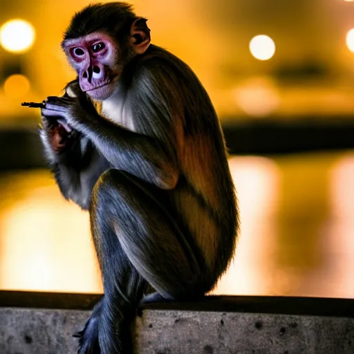 Image similar to contre - jour photo of a monkey smoking a cigarette on a bridge at night under rain, lightened by street lamps, award winning photography