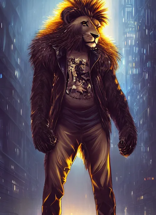 Image similar to award winning beautiful portrait commission of a male furry anthro lion fursona with a tail and a cute beautiful attractive detailed furry face wearing stylish black and gold cyberpunk clothes in a cyberpunk city at night while it rains. Character design by charlie bowater, ross tran, artgerm, and makoto shinkai, detailed, inked, western comic book art