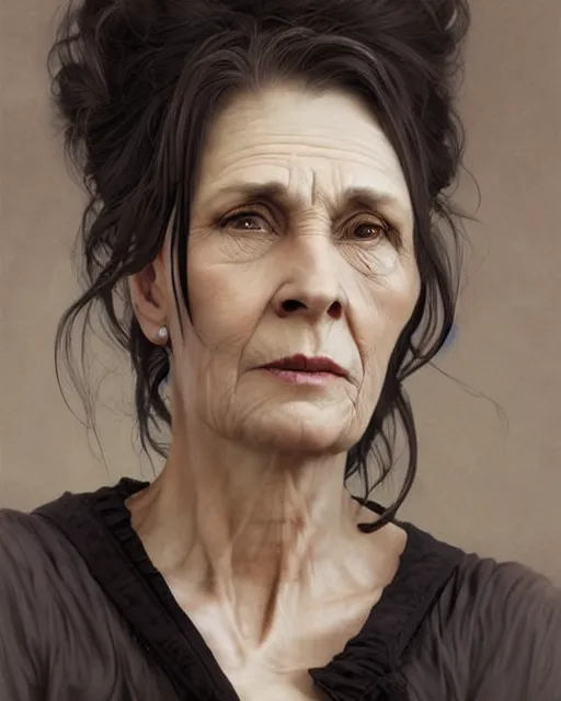 Prompt: portrait 6 0 - year - old woman, tall, severe - looking, with dark hair tied up in a bun, wearing in black clothes, hyper realistic face, beautiful eyes, fantasy art, in the style of greg rutkowski, intricate, alphonse mucha, hyper detailed, smooth