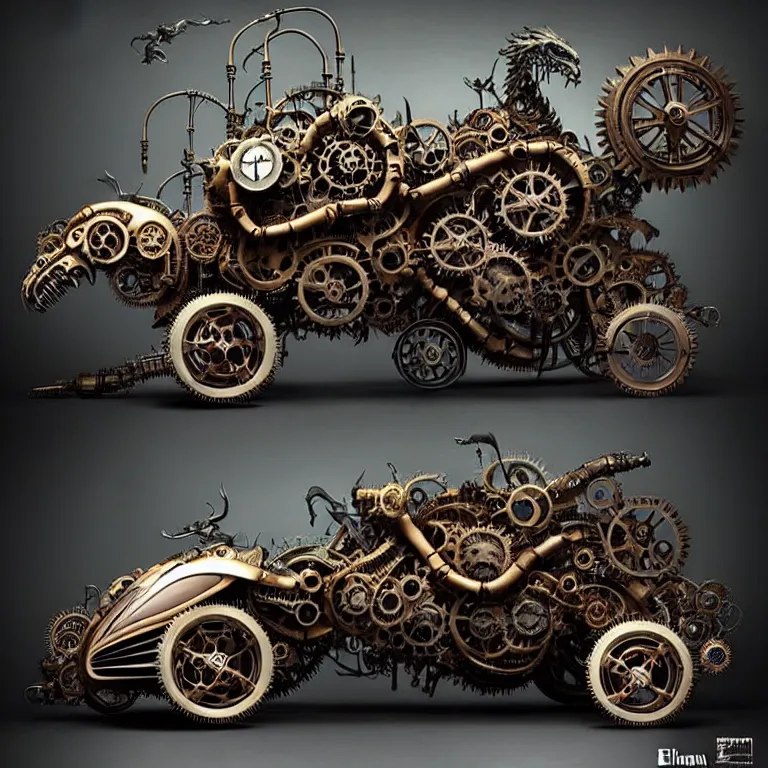 Prompt: biomechanical steampunk vehicle reminiscent of fast sportscar with robotic parts and (glowing) lights parked in ancient lush palace, gothic and baroque, brutalist architecture, ultradetailed, creepy ambiance, fog, artgerm, giger, Intricate by Ellen Jewett and Josan Gonzalez and Giuseppe Arcimboldo