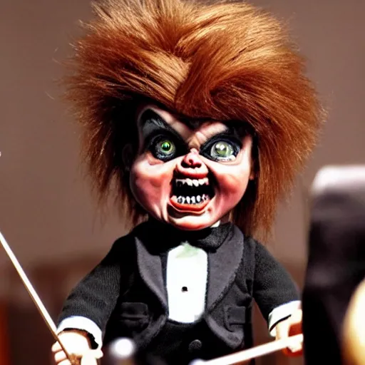 Image similar to handsome and well dressed screaming chucky doll conducting an orchestra