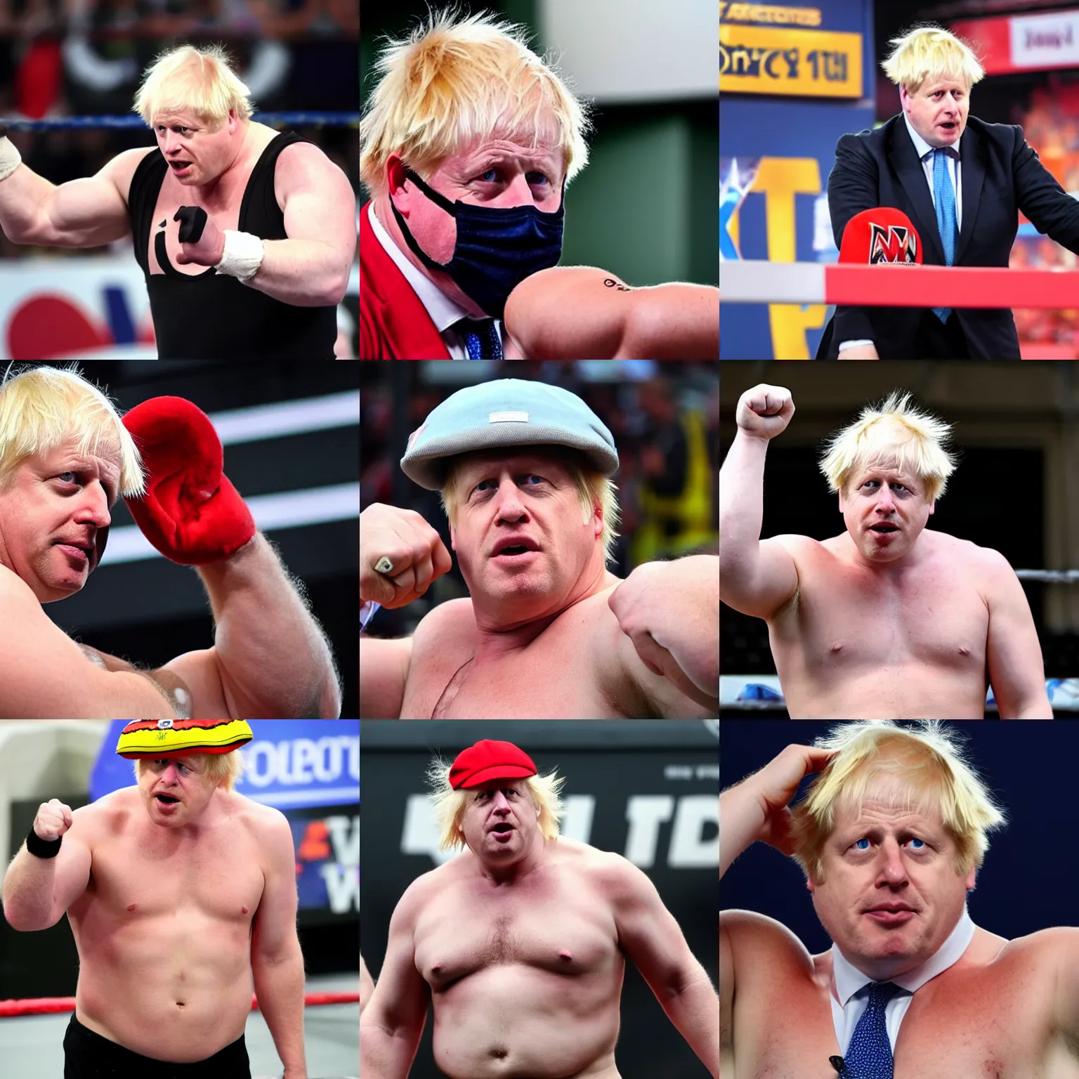 Prompt: boris johnson as an angry muscular wwe wrestler wearing a cap hat. he is looking closely at on of his hands