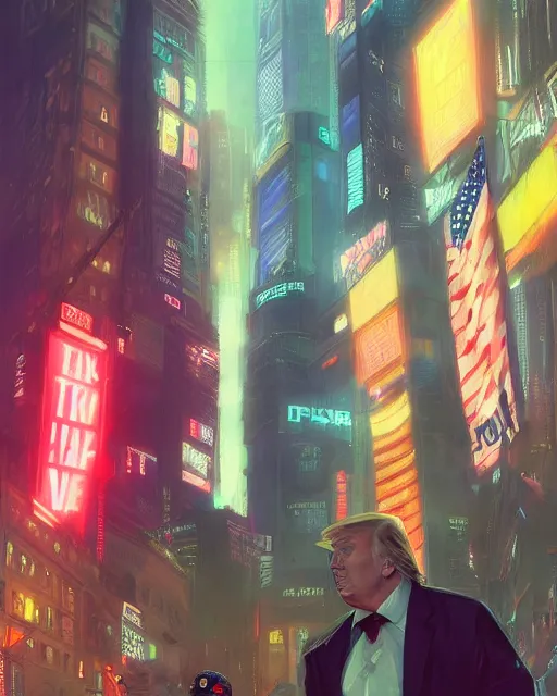 Image similar to donald trump posing in front of the nyse, cyberpunk atmosphere, neon lights, portrait, illustration, rim light, top light, perfectly shaded, spring time, slight overcast lighting, soft painting, art by krenz cushart and wenjun lin